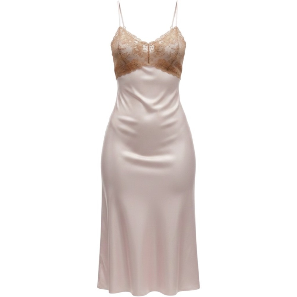 Zara Womens Pink Satin Lace Trim Midi Slip Dress Tan Lace V-Neck